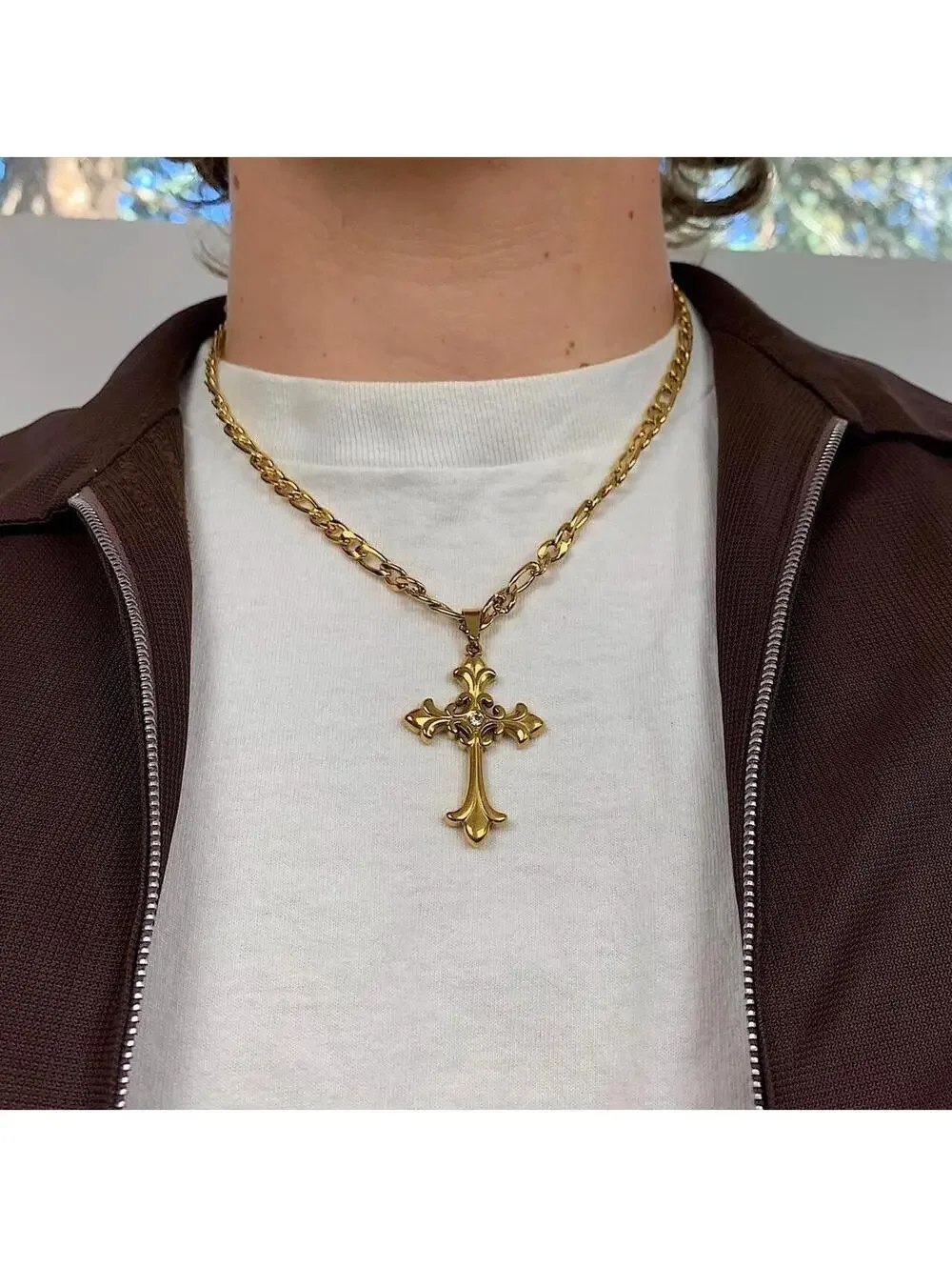 Y2k style Gold Figaro Big Gothic Rhinestone Cross Pendant Necklace. Stainless